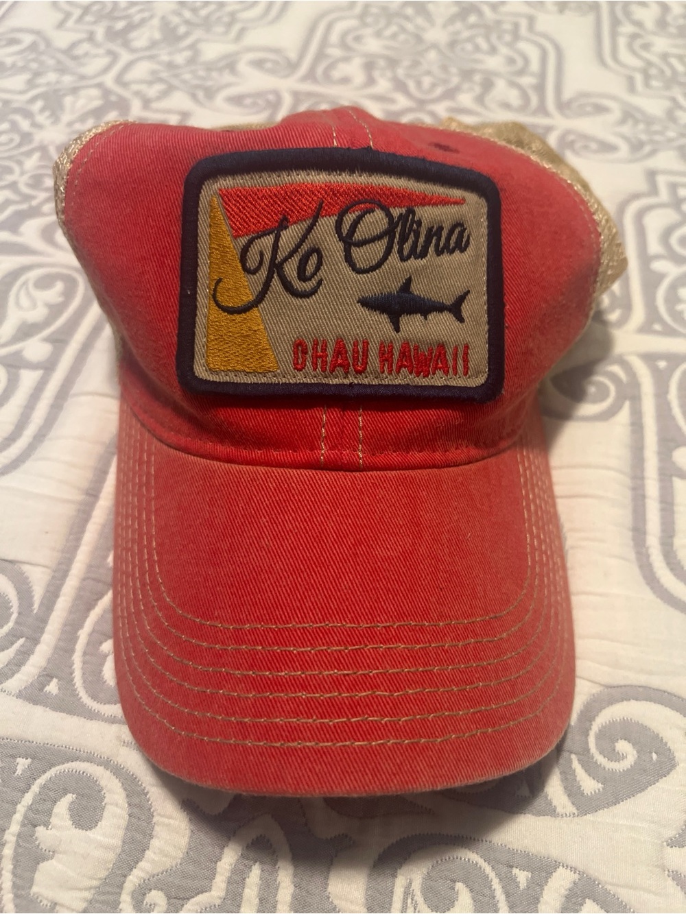 Legacy 92 Ko Olina Oahu Hawaii Distressed Trucker Hat Coral Red Tan Mesh Snapbac